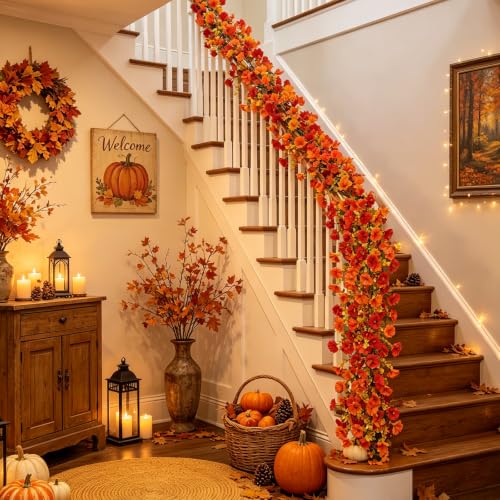 Fall Flower Garland - Artificial Autumn Vine with Orange Red Blooms 6 Pack