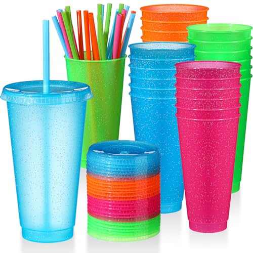 Neon 24 Pc Plastic Cups with Lids & Straws - 24 oz Reusable Tumblers for Parties