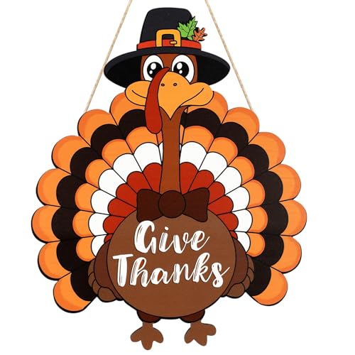 Thanksgiving Wooden Door Wreath - Large Turkey & Pumpkin Fall Decor - Bow Tie Variation