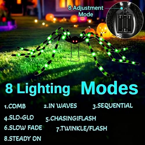 6.6 Ft Giant Black & Green Halloween Spider with 36 LED Lights & Metal Stand - 1 Pack