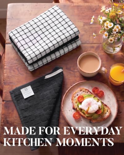 Kitchen Towel Set - 6 Pack 100% Cotton Black Dish Towels, 16x28 Inches - Soft & Absorbent