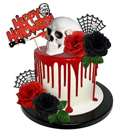 Halloween Cake Toppers Ghost Skeleton Web Rose Decorations - Red