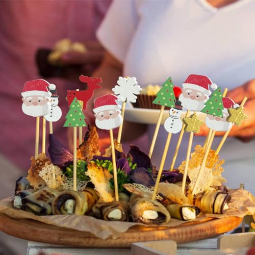 Christmas Cocktail Picks 100 Pcs Santa Snowman Elk Tree Bamboo Party Decorations