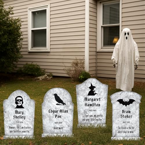 Grey Classic Haunted Tombstones Set - 4 Large Halloween Graveyard Yard Signs with Stakes