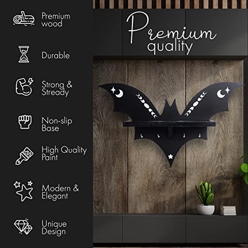 Spooky Bat Shelf Wall Decor - Halloween Gothic Coffin Shelf with Hooks for Curiosities