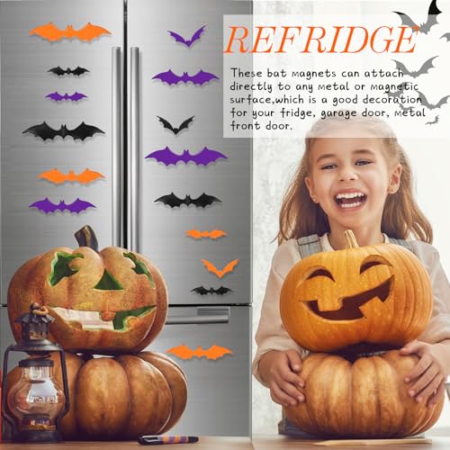 Halloween Bat Magnets Set - 15 Pieces in Black, Purple, Orange - 4 Sizes, 3D Decorations