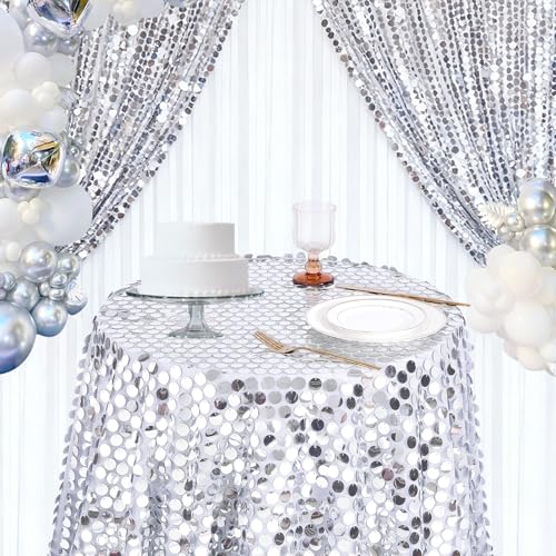 Silver Sequin Tablecloth - 50 x 102 Inches Rectangular Sparkle Fabric for Parties & Events