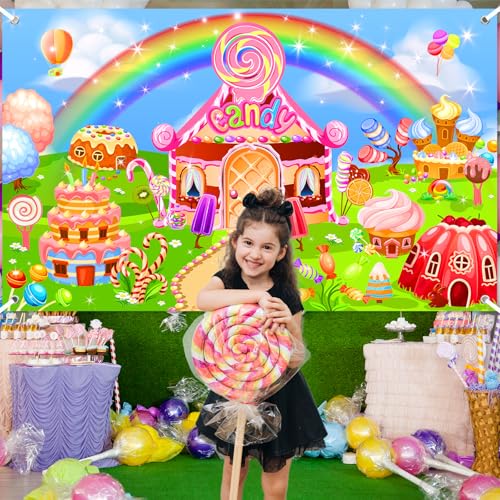 Candyland Theme Backdrop Rainbow Candy House & Dessert Banner for Kids Birthday Party