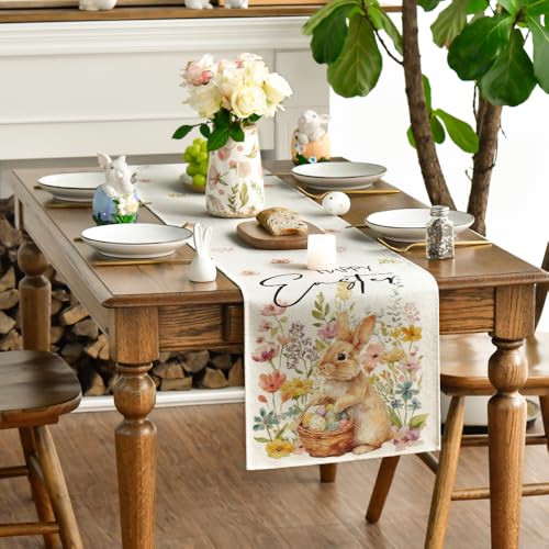 Easter Bunny Eggs Flowers Basket Table Runner 13x108 Inch Beige Seasonal Spring Home Decor