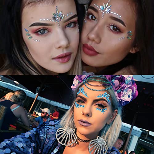 Multicolor Blue Face Jewels Stick On - 6 Sheets Rhinestones for Makeup & Festival
