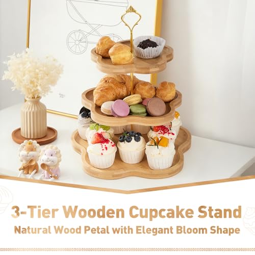 DUJUST 3-Tier Wooden Cupcake Stand Flower-Inspired Serving Tray - 3 Tier