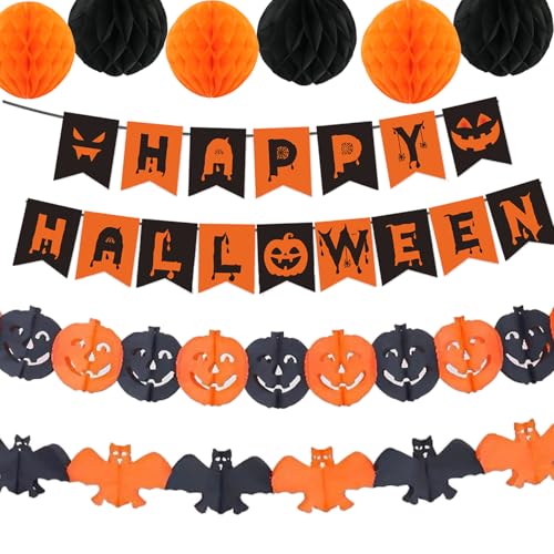 Halloween Party Decorations Banner Pumpkin Bats & Pom Poms Set - Fall Festive Decor