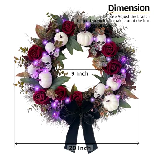 Gothic Halloween Wreath with Purple Lights - 20 Inch Front Door Decor