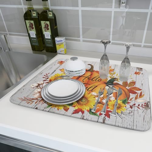 Hello Fall Pumpkin Dish Drying Mat for Kitchen Counter 18x24 Inch Orange Absorbent Pad - Autumn Home Decor