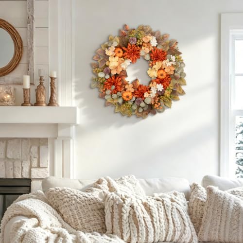 Orange Fall Wreath with Pumpkins Dahlias Berries & Eucalyptus Leaves - 24 Inch Autumn Decor