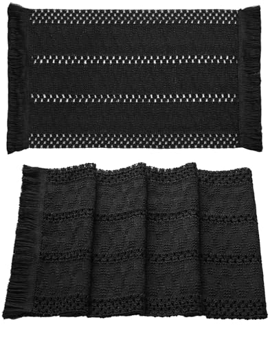Boho Macrame Style Placemats Set of 4 - Black 12x20 Inches