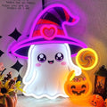 Halloween Ghost Neon Sign Dimmable with Witch Hat - Colorful LED Light