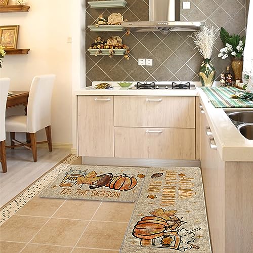 Fall Kitchen Rug Set of 2 - Autumn Football Pumpkin Farmhouse Floor Mats