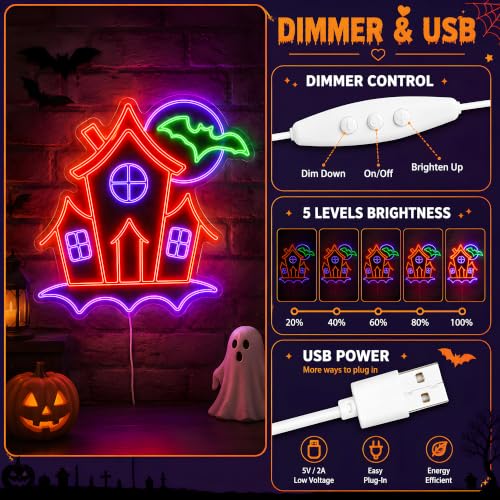 Halloween Neon Sign - Haunted House with Bats LED Wall Light, Dimmable USB Decor