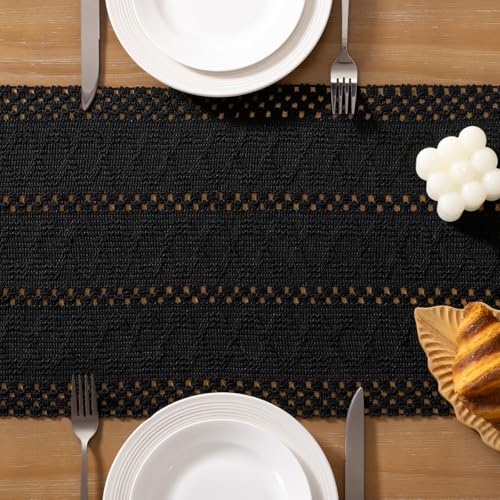 Boho Table Runner Fall Farmhouse Rustic Dresser Scarf - Black 12x36