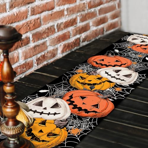 Halloween Linen Table Runner 72x13 Inches Spooky Pumpkin & Web Design