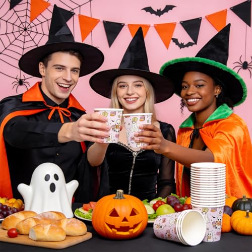 White Ghost and Book Halloween Paper Cups 9oz - 50 Pack Disposable Drinkware