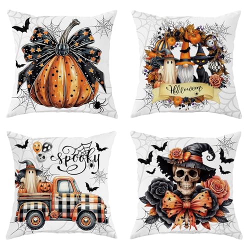 Halloween Velvet Pillow Covers Set of 4 - 18x18 Inch Spooky Cat Pumpkin Ghost Decor - Pumpkin Bow Variation