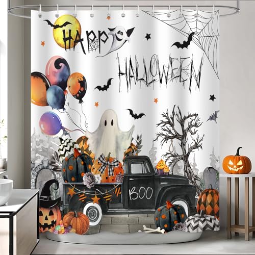 Halloween Shower Curtain with Ghost Pumpkin Balloon Design - Waterproof Fabric, 72x72 inches