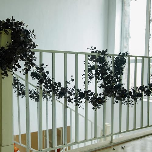 Black Garland with Flowers - 6.56ft Halloween Decorations with 8 Roses - Indoor Outdoor Wall Backdrop - Black / 1PC