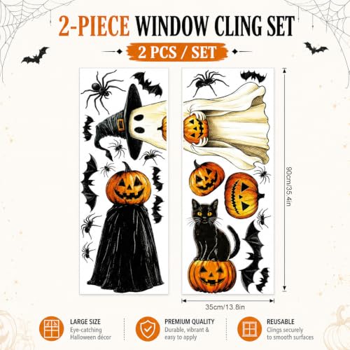 Halloween Window Clings Decor Set - Ghost, Pumpkin, Bat, Black Cat