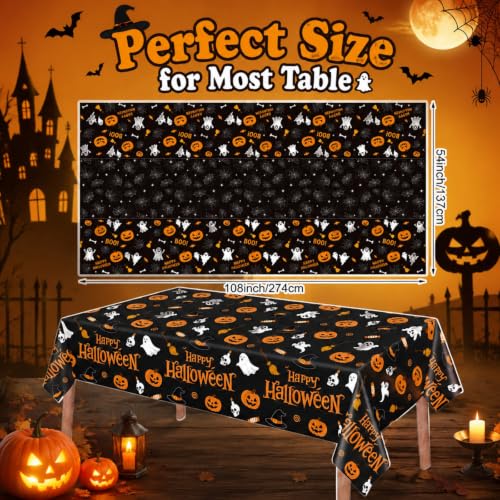 Halloween Tablecloth Set - 6 Disposable Plastic Table Covers with Pumpkin & Ghost Design - Black and Orange