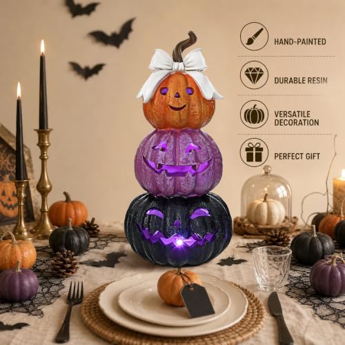 Fall Halloween LED Jack O' Lantern Pumpkin 3-Tier Resin Decor with Bow
