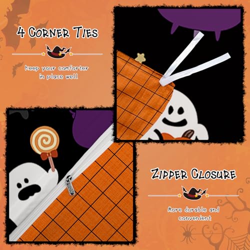 Queen Halloween Duvet Cover Set - Reversible Black Ghost Bedding 90x90