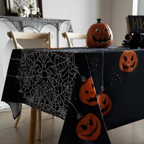 Rectangular Halloween Tablecloth 60x84 Inch Waterproof Pumpkin & Spider Web Design - Washable Party Decor