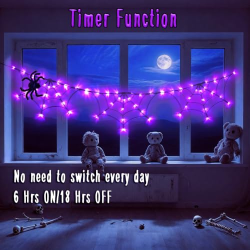 Halloween Spider Web Lights 6FT 60LED Purple with Black Spider and Timer - Indoor Outdoor Decor