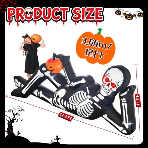 12FT Inflatable Halloween Skeleton Decoration with Glowing Red Eyes and Pumpkin Trunk