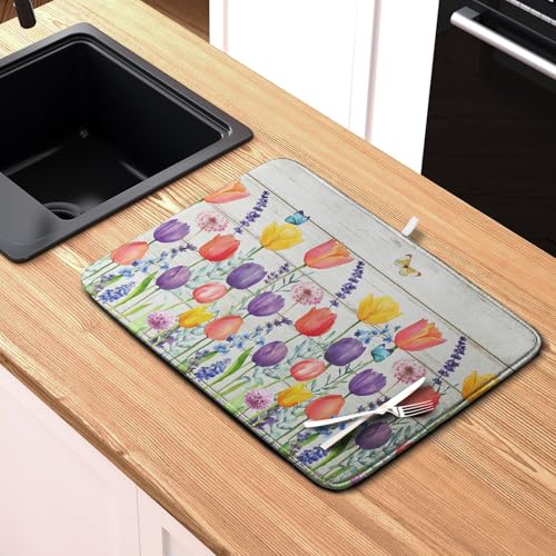 Spring Tulip Floral Dish Drying Mat - Reversible Watercolor Kitchen Counter Protector 18x24 Inch