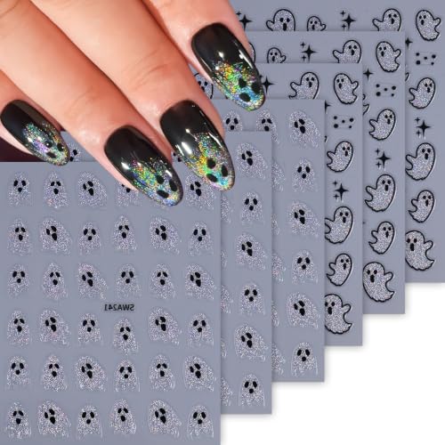 Cute Ghost Halloween Nail Stickers - 6 Sheets Glitter 3D Self-Adhesive Nail Decals