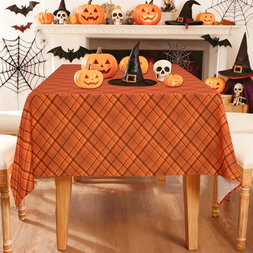 Autumn Checkered Tablecloth 60 x 120 Inch - Orange Plaid, Waterproof, Rectangular