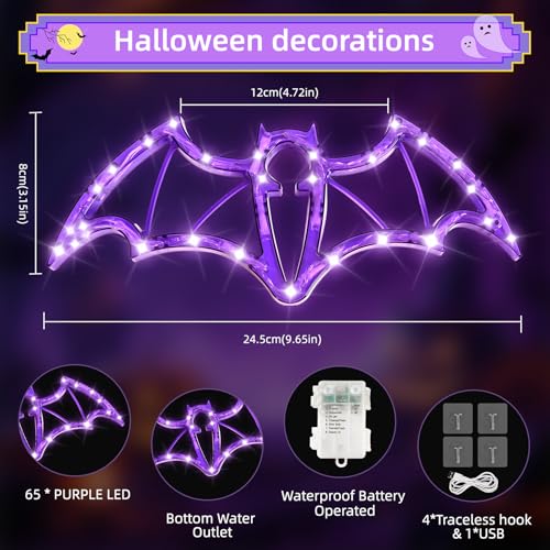 Halloween Hanging Window Lights - Purple Bat LED String Lights, 36 LEDs, USB & Battery Powered, with 6-Hour Timer - Variation: Purple / 36LED