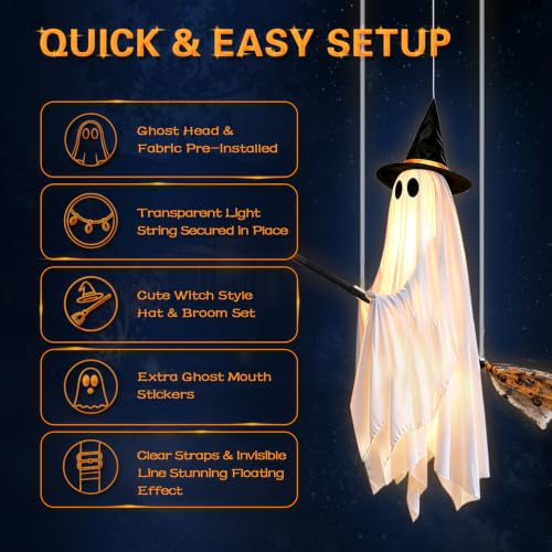 Halloween Ghost Decoration with Witch Hat and Detachable Broom - Outdoor Spooky Yard Decor