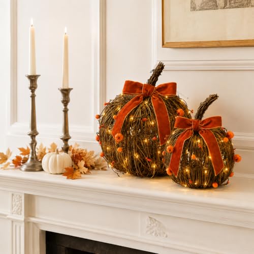 Lighted Fall Pumpkin Decor Set - Rattan Pumpkins with Velvet Bows, 2 Pack