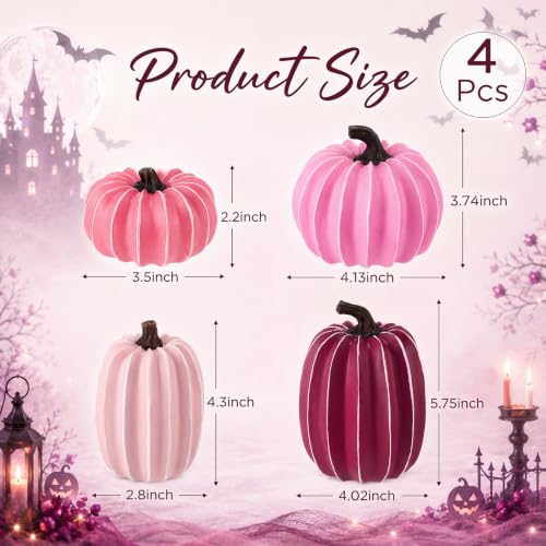 Resin Fall Pumpkin Decor Set - Pink Series, 4 Artificial Pumpkins for Thanksgiving & Halloween