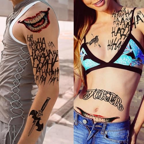 Joker Temporary Tattoos Set - 4 Sheets Black Red Suicide Squad Cosplay