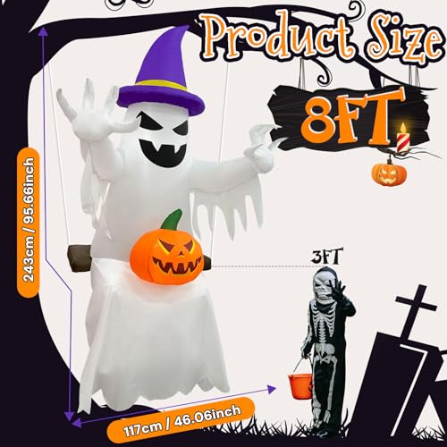 8 FT Ghost Inflatable Halloween Decorations with Witch Hat & Pumpkin - Spooky Yard Decor