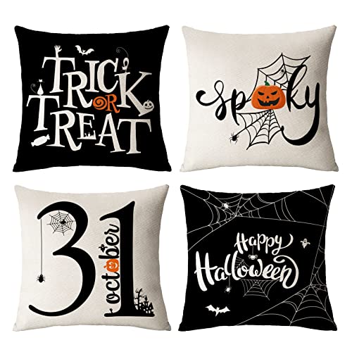 Halloween Pillow Covers 22x22 Set of 4 Black Spider Webs Bat Decor - Trick or Treat