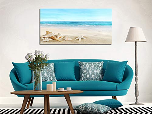 Beach Canvas Wall Art - Ocean Scene with Starfish & Seashells, 48x24 Inches Seashell Seaside Variation