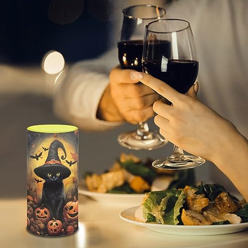 Flameless LED Pillar Candle with Remote & Color Change - Black Cat Witches Pumpkin