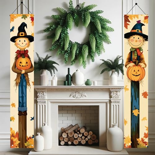 Halloween Porch Banners Set of 2 - Welcome Signs with Pumpkins & Bats, 71x12 Inch, Outdoor Yard Decorations, Spooky Wall Hangings, Variation of Signs with Pumpkins and Bats