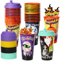 Halloween Party Cups Set - 24 Reusable Plastic Cups with Lids & Plugs, 16oz Spooky Designs